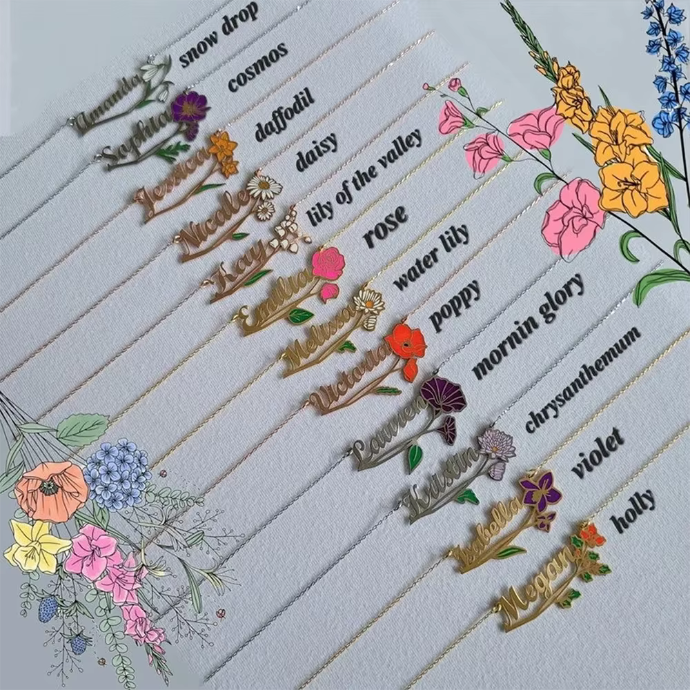 Collier personnalisé avec fleur de naissance colorée pour femmes, bijoux en acier inoxydable avec br