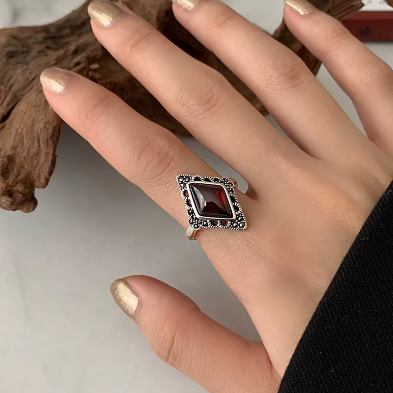 Bagues Vintage en forme de losange pour femmes, de haute qualité, en pierre de grenat rouge, en arge