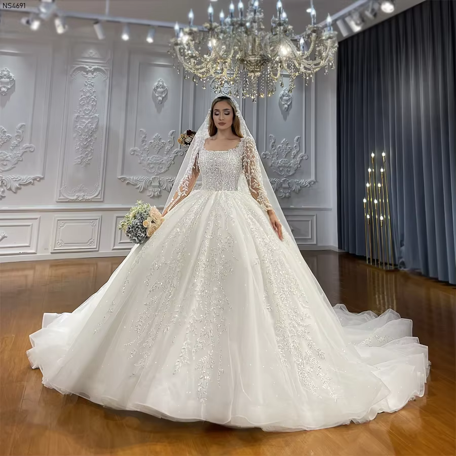 Robe de mariée personnalisée à manches longues pour femmes, avec des appliques de paillettes, col ca
