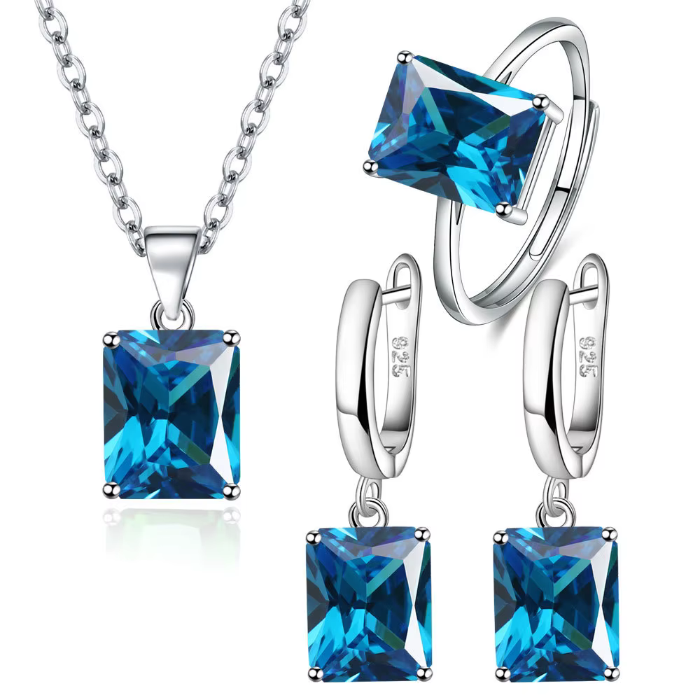 Zunderes-Ensembles de bijoux de mariage pour femmes, collier pendentif carré bleu, boucles d'oreille