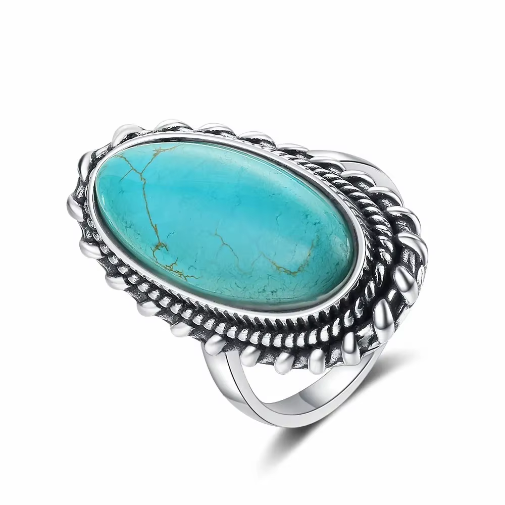 Bague Vintage en argent Sterling 925, grande pierre, Turquoise naturelle, 11x25mm, Design rétro, bij