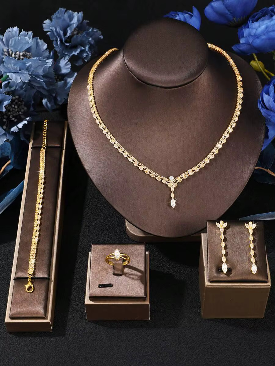 Ensemble de bijoux de mariée en zircone élégant et luxueux, 5 pièces, entièrement en cristal, bijoux