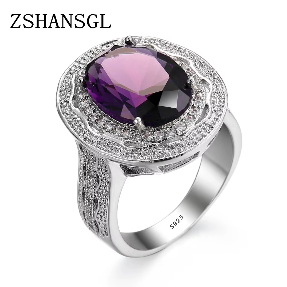 Bague en argent regardé 925 avec pierre CZ en cristal violet AAA pour filles, grandes matiques class