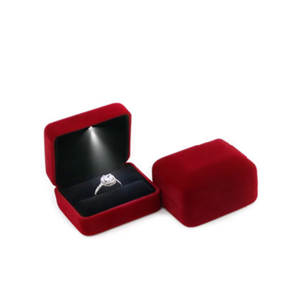 Boîte à bijoux LED en velours rouge vin de luxe, pendentif pour bague de mariage, boucles d'oreilles