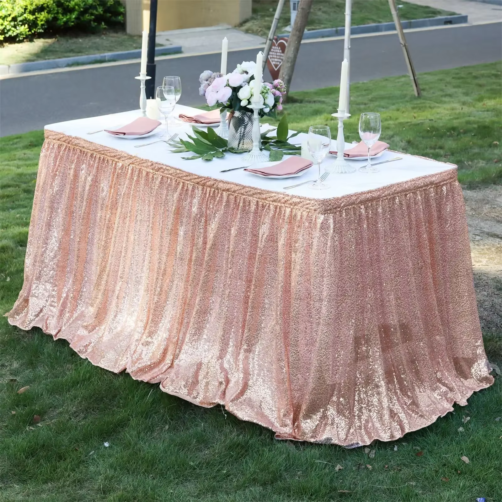 Jupe de Table à paillettes dorées, à volants plissés, pour Table ronde/rectangle/carrée, pour fête d