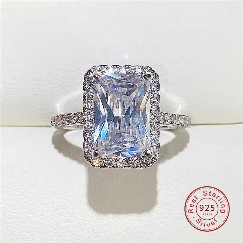 Bagues carrées en argent regardé 925 pour femmes, patients classiques, bijoux de mariage avec Moissa