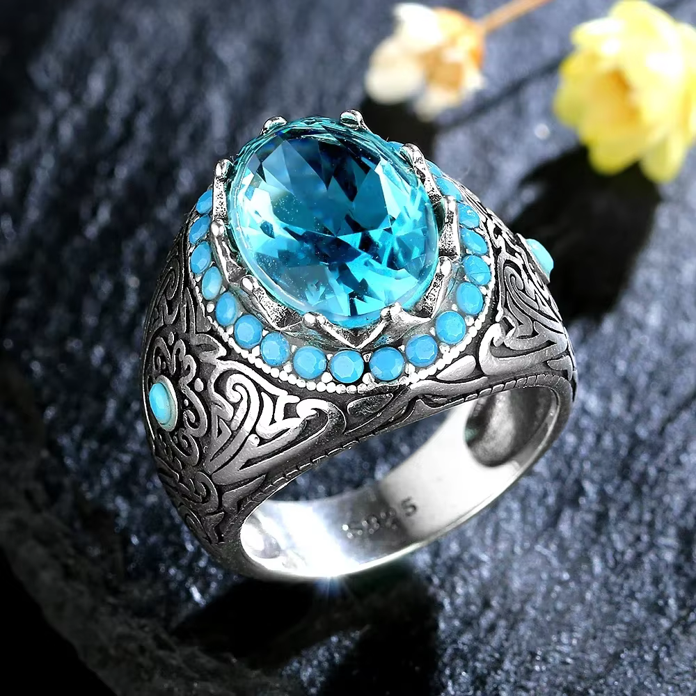 Bague en argent pour hommes et femmes, bague en Zircon bleu, bijoux fins Vintage, aigue-marine, pier