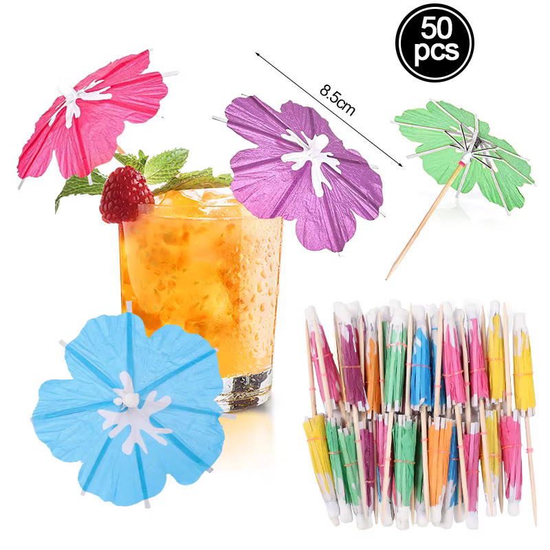 Piques à cocktail parapluie fleur tropicale pour mariage, été, fête d'anniversaire hawaïenne, décora