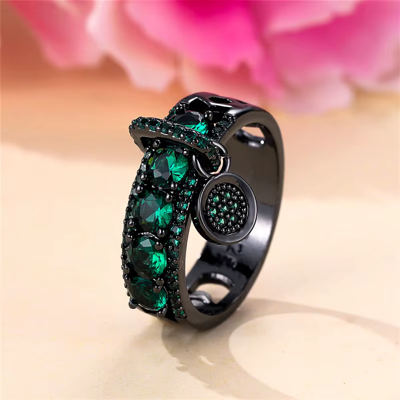 Bague en pierre de Zircon vert pour femme, breloque, mignon, couleur or noir, bijoux de mariage pour