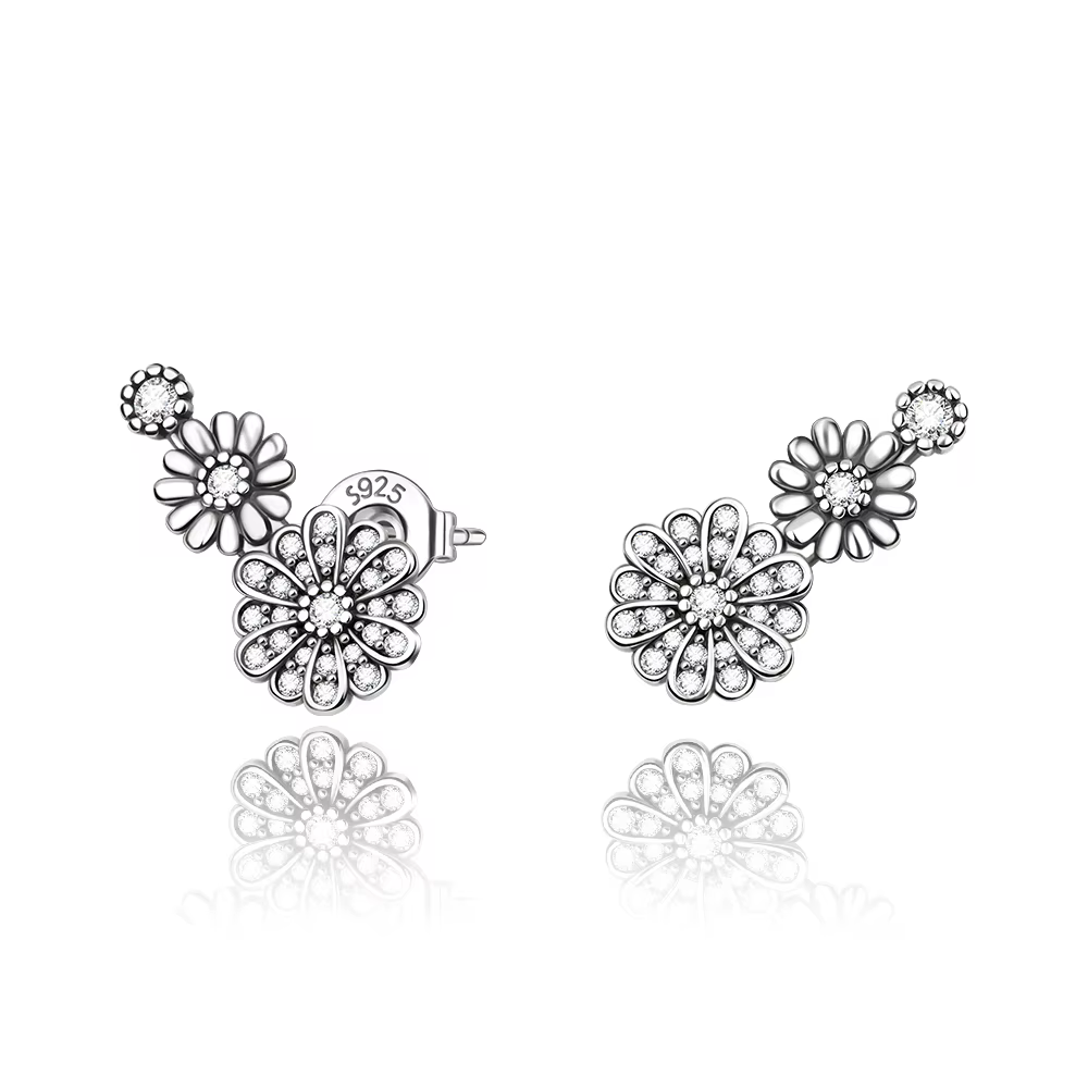 Boucles d'oreilles clous délicates trois marguerites en argent 925, pavées de cristaux de zircon, bi