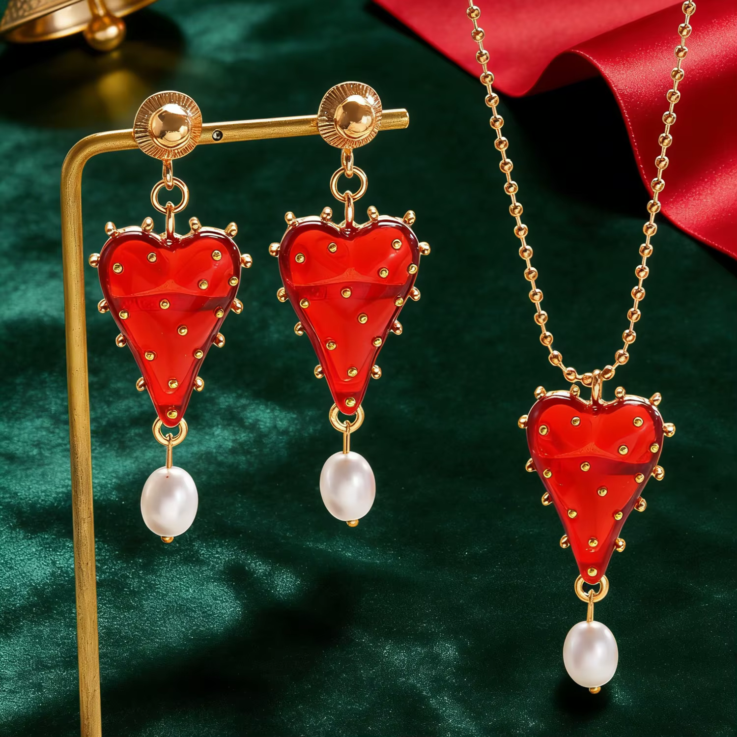 VIVILADY Vintage amour coeur points perle pendentif ensembles boucles d'oreilles pour femmes mode bi