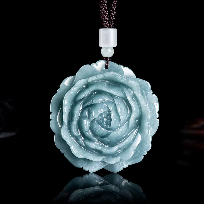 Pendentif Fleur de Pivoine d'Eau Bleue Naturelle de Qualité A, Gluteti de Richesse en Floraison, Jad