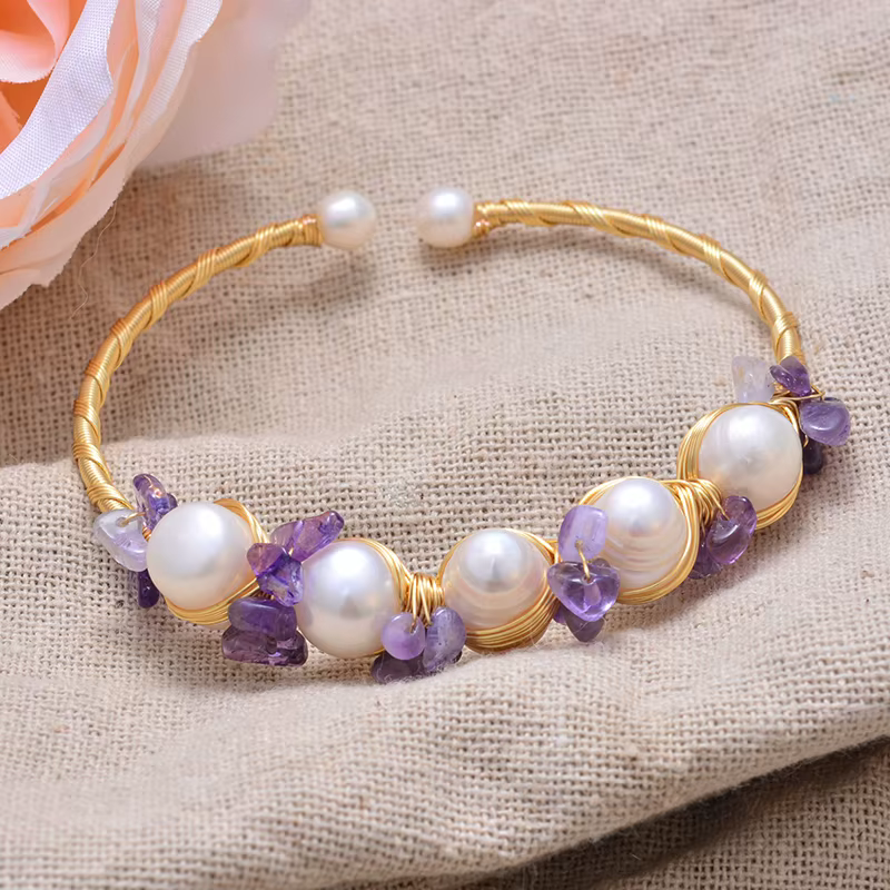 Bracelet en perles d'eau douce 100% naturelles et cristal violet, rempli d'or 14K, bijoux pour femme