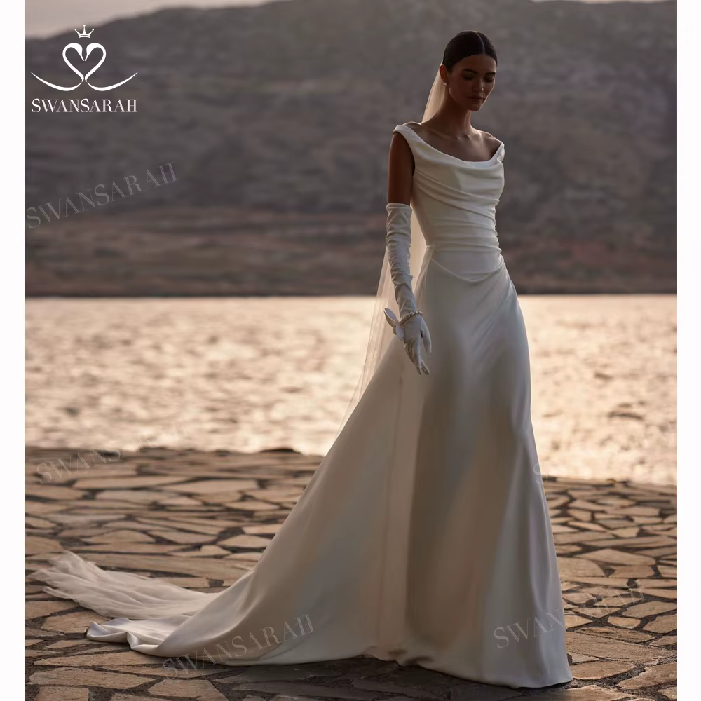 Robe de mariée sans manches 2026, simple, épaules dénudées, coupe trapèze, style princesse de plage,
