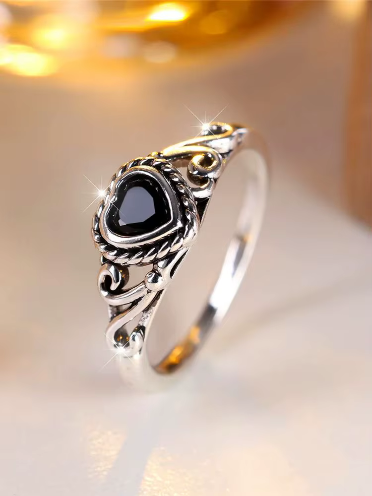 Bague en forme de cœur d'amour en Zircon noir, Vintage, couleur argent, bandes de mariage, bagues de