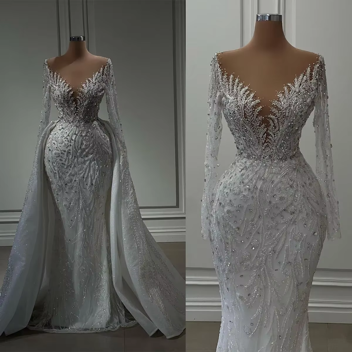 Robes de mariée sirène personnalisées avec traîne détachable col transparent manches longues robes d