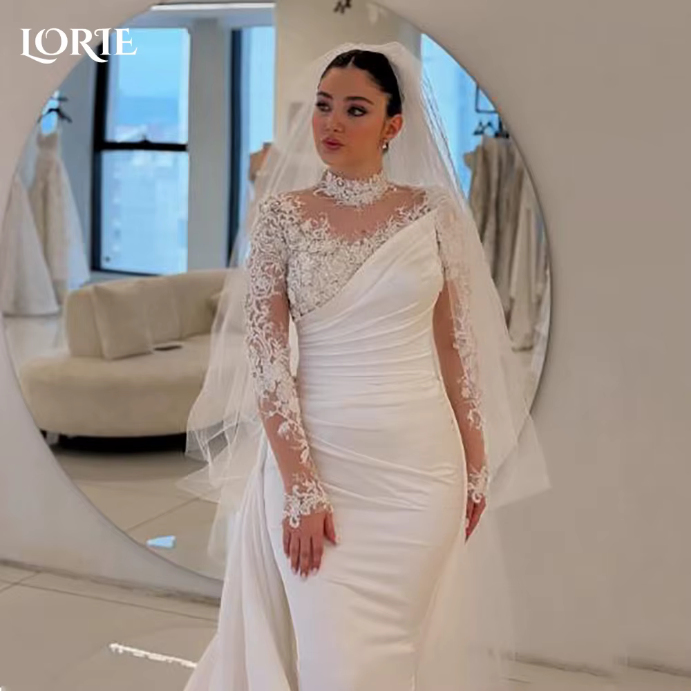 LORIE dentelle plage robes de mariée 3D Floral Applique col haut détachable Train sirène robe de mar
