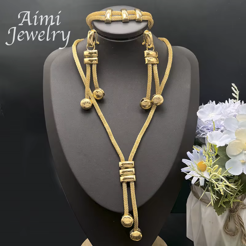 Ensemble de bijoux plaqués or 24 carats pour femmes, chaîne de perles, décor, collier, boucles d'ore