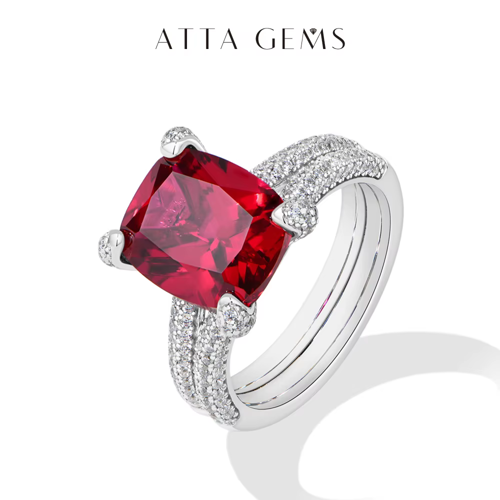 ATTAGEMS Bagues classiques en rubis taille coussin pour femme, Bague pour homme en argent S925 avec 