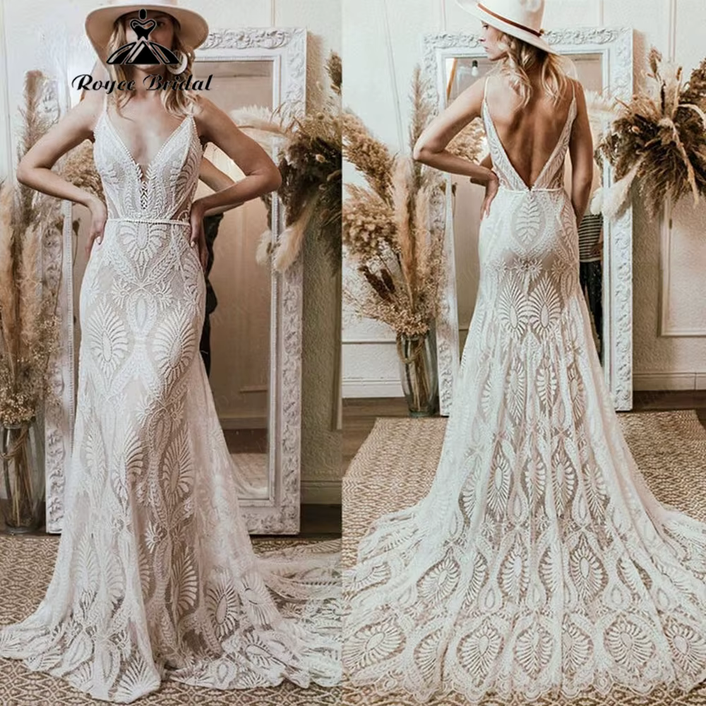 Robe de mariée bohème en dentelle sans manches, dos nu, coupe sirène avec traîne, élégante, personna