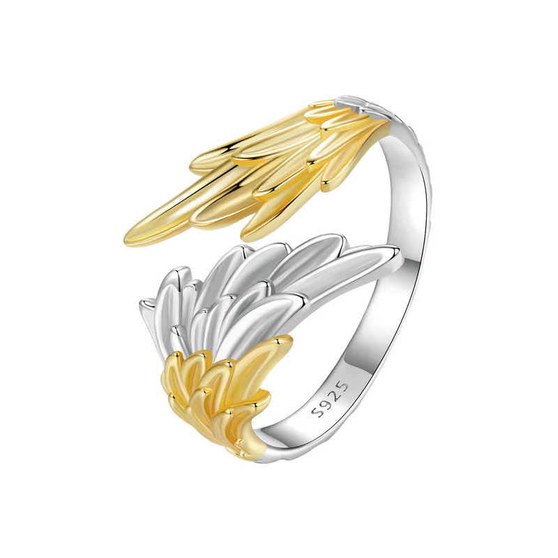 BAMOER 925 argent Sterling 14K plaqué or bague aile d'ange plaqué or blanc bague réglable pour les f