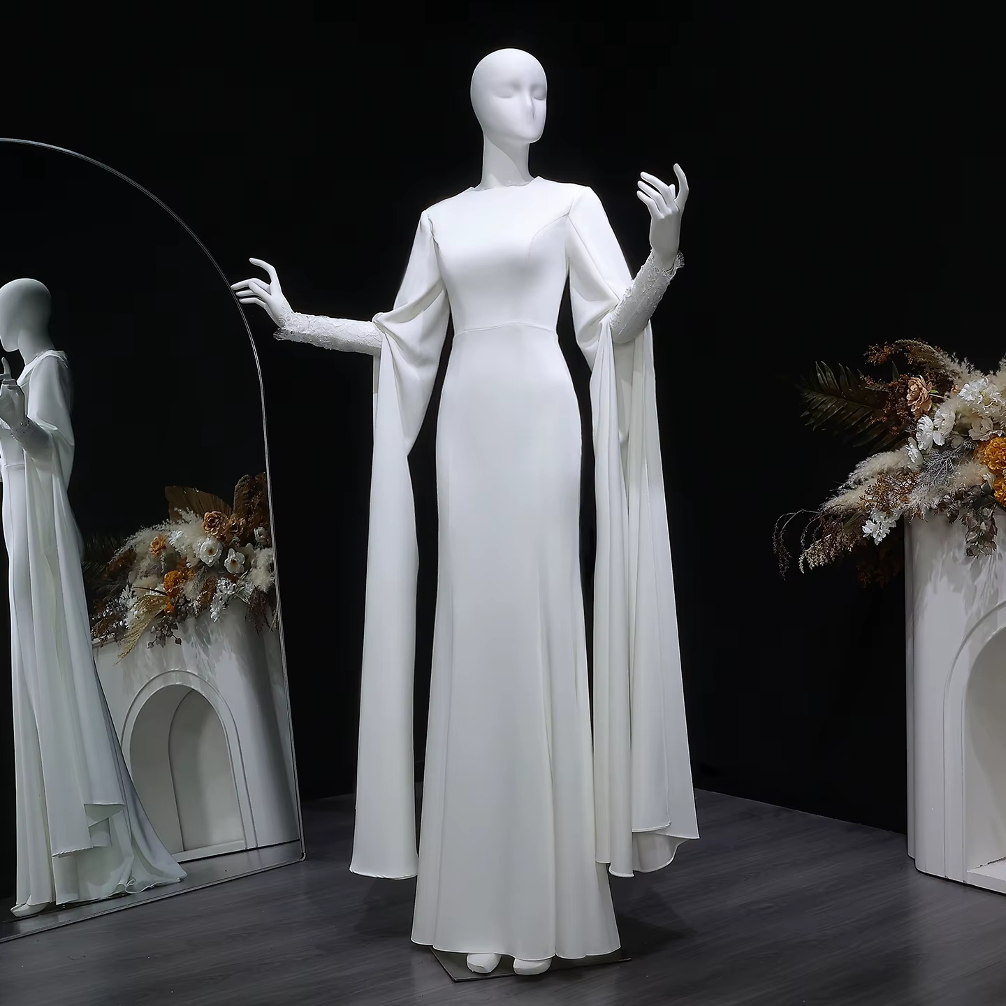 Robe de mariée Sheer Fairy de luxe, style sirène, col rond, en mousseline, dentelle florale 3D, perl
