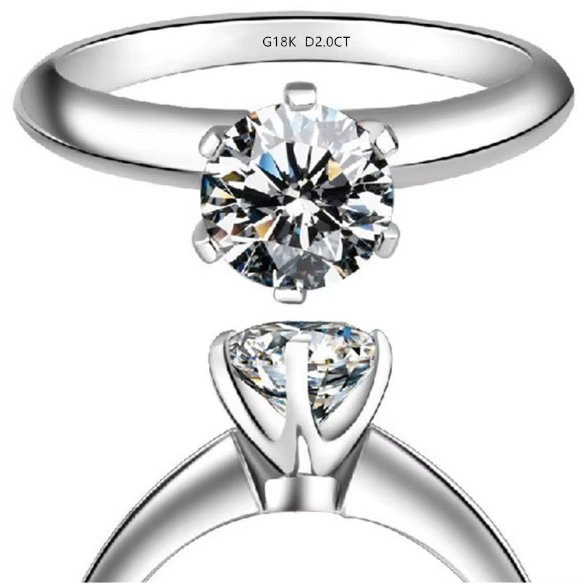 Bague de fiançailles en or blanc massif 18K 750, 2 Carat, Six dents rondes, excellente femme, bijoux