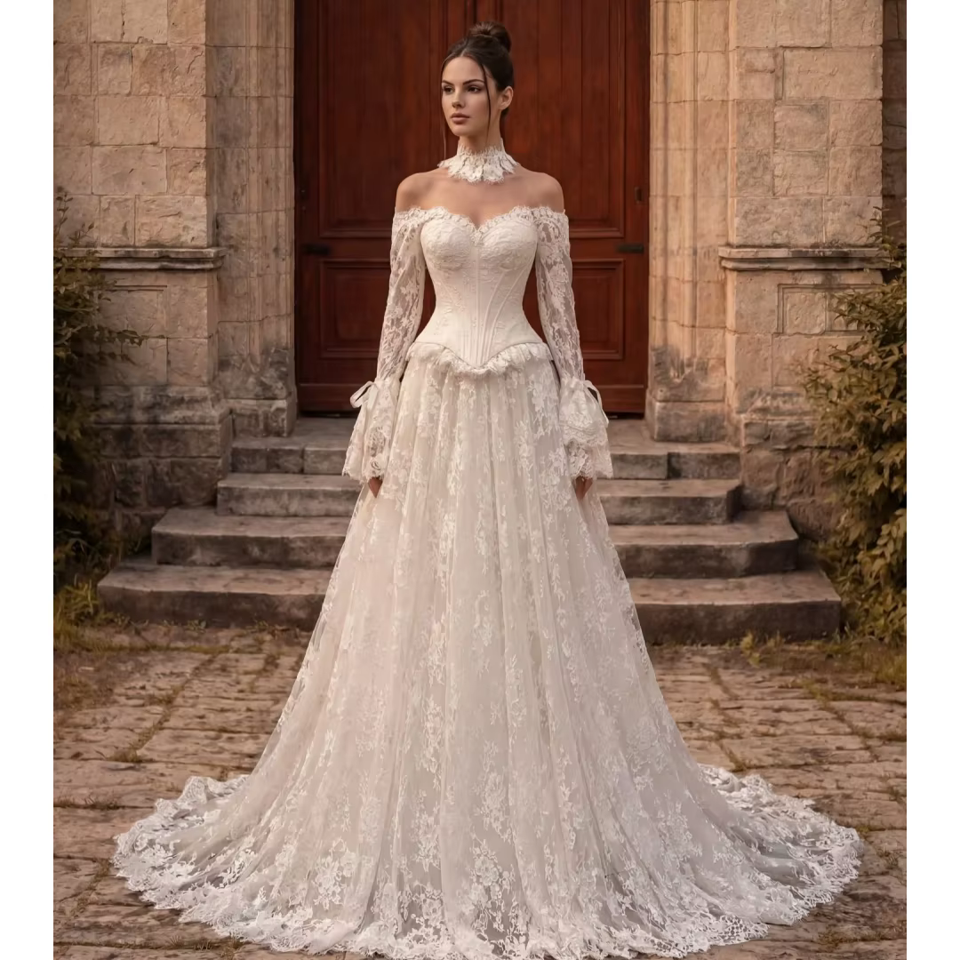 Robes de mariée à épaules dénudées, en dentelle, manches longues, robe de mariée élégante, robe de s