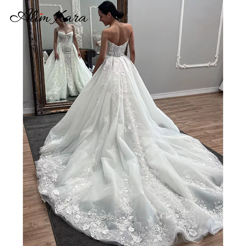 AlimKara – robe de mariée 2 en 1, épaules dénudées, avec des appliques, style sirène, princesse, per
