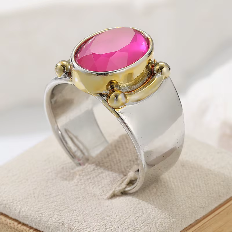 Bague large vintage incrustée de zircone synthétique rose pour femme, style ethnique, mode, tempéram