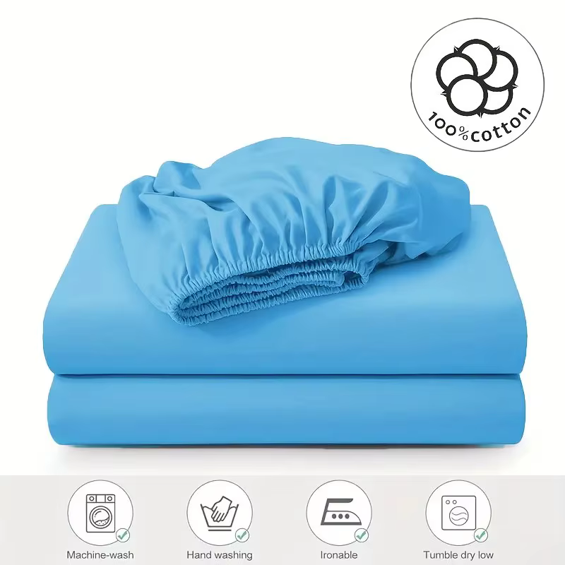 Drap-housse 100% coton, couleur unie, avec bande élastique, housse de lit simple, Double, Queen Size