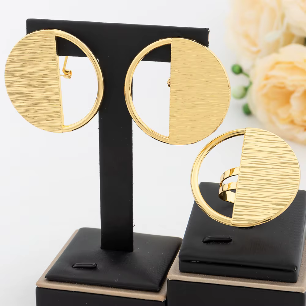Ensemble de bijoux de documents en or pour femmes, boucles d'oreilles rondes de Dubaï, bague réglabl