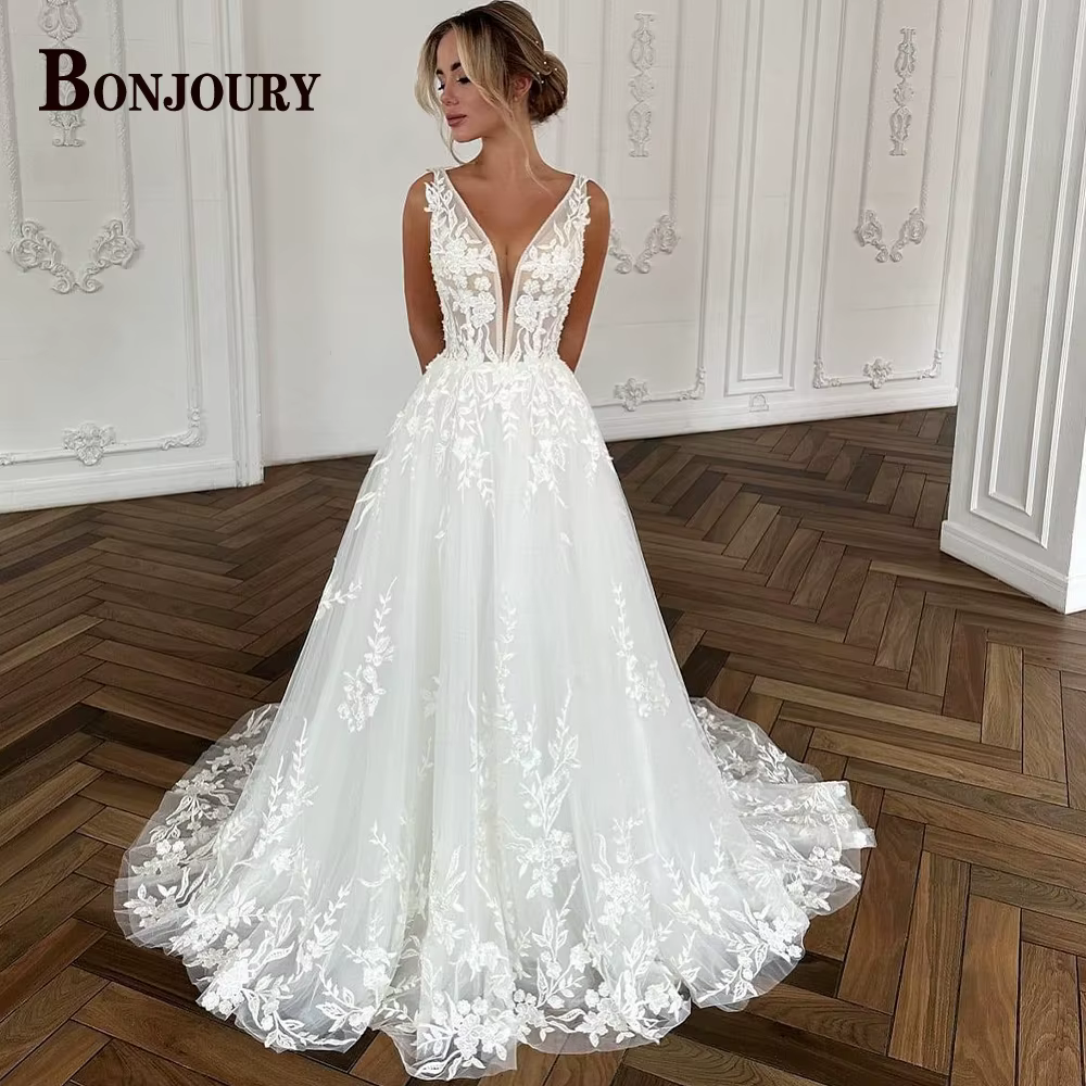 BONJOURY – Robe De mariée tendance pour femmes, col en v, sans manches, ligne a, avec des Appliques 
