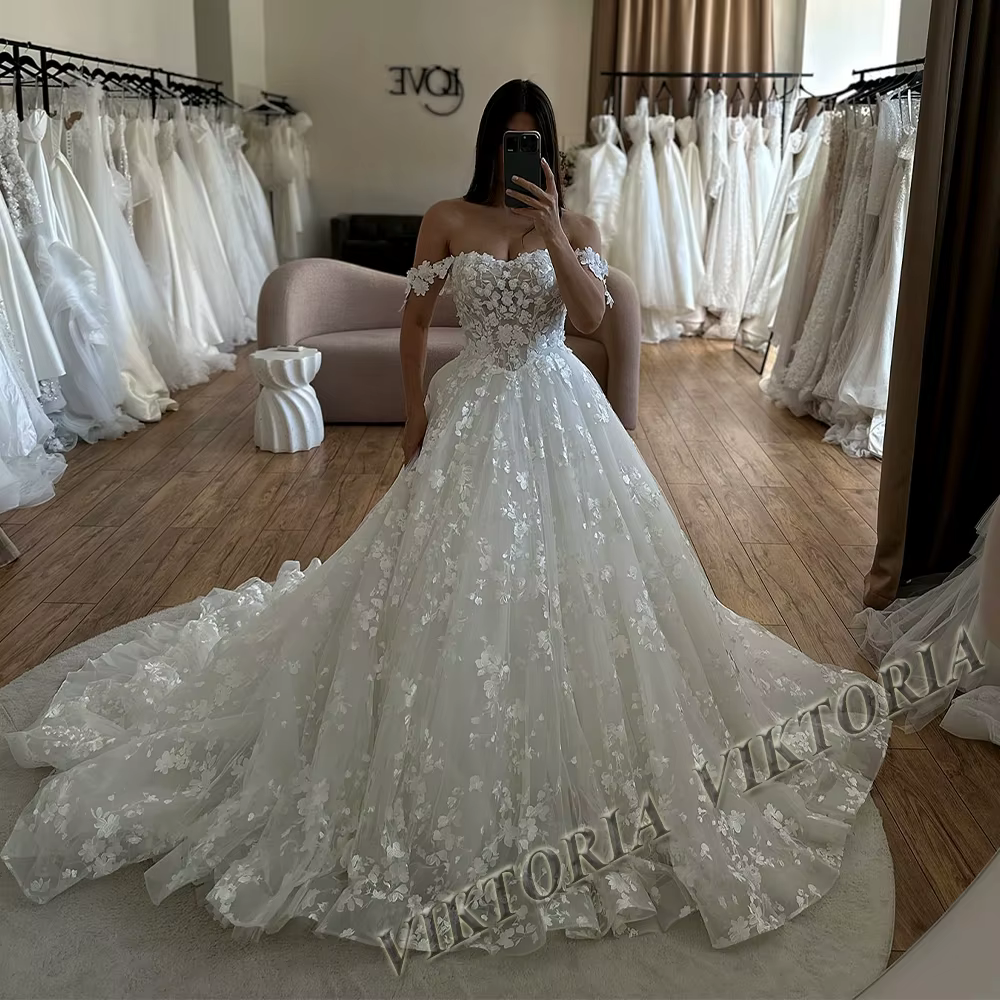 VIKTORIA – robe de mariée fantaisie pour femmes, corset, épaules dénudées, coupe trapèze, avec appli