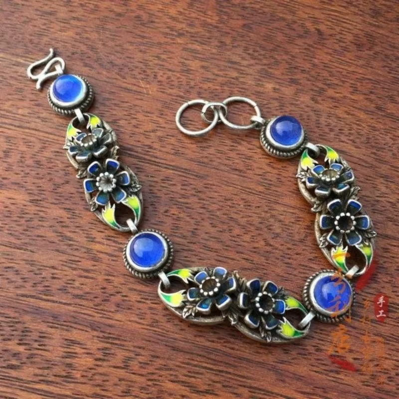 Bracelet vintage en argent tibétain avec motif floral en émail, incrustation de gemmes étoile bleue,