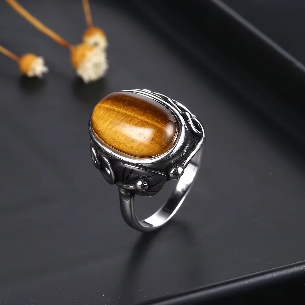 Bague vintage en pierre naturelle pour femmes et hommes, labradorite, œil de tigre, plaqué argent, b