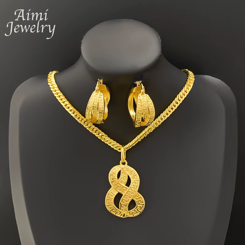 Ensemble de bijoux géométriques plaqués or 18 carats, dubaï, collier de luxe, boucles d'oreilles, pe