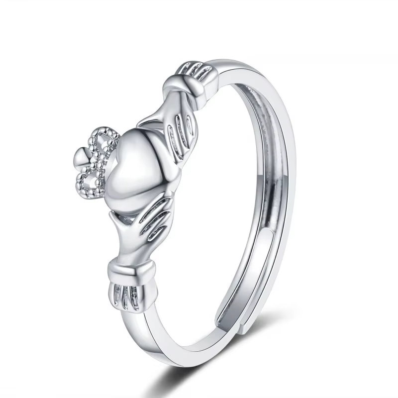 Bagues de promesse ajustables Claddagh Couronne Mains vers le Cœur, style simple et tendance, pour f