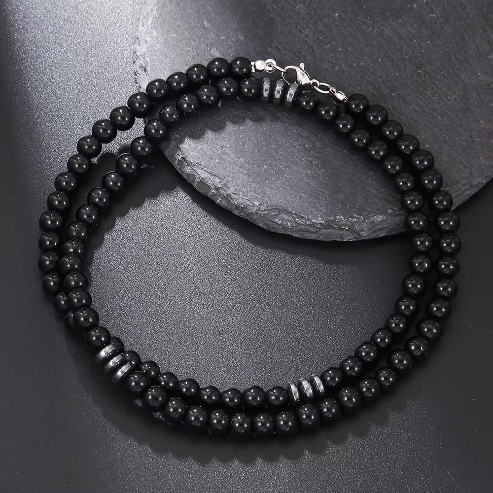 Collier de perles en pierre de lave givrée noire pour hommes et femmes, ras du cou en pierre naturel