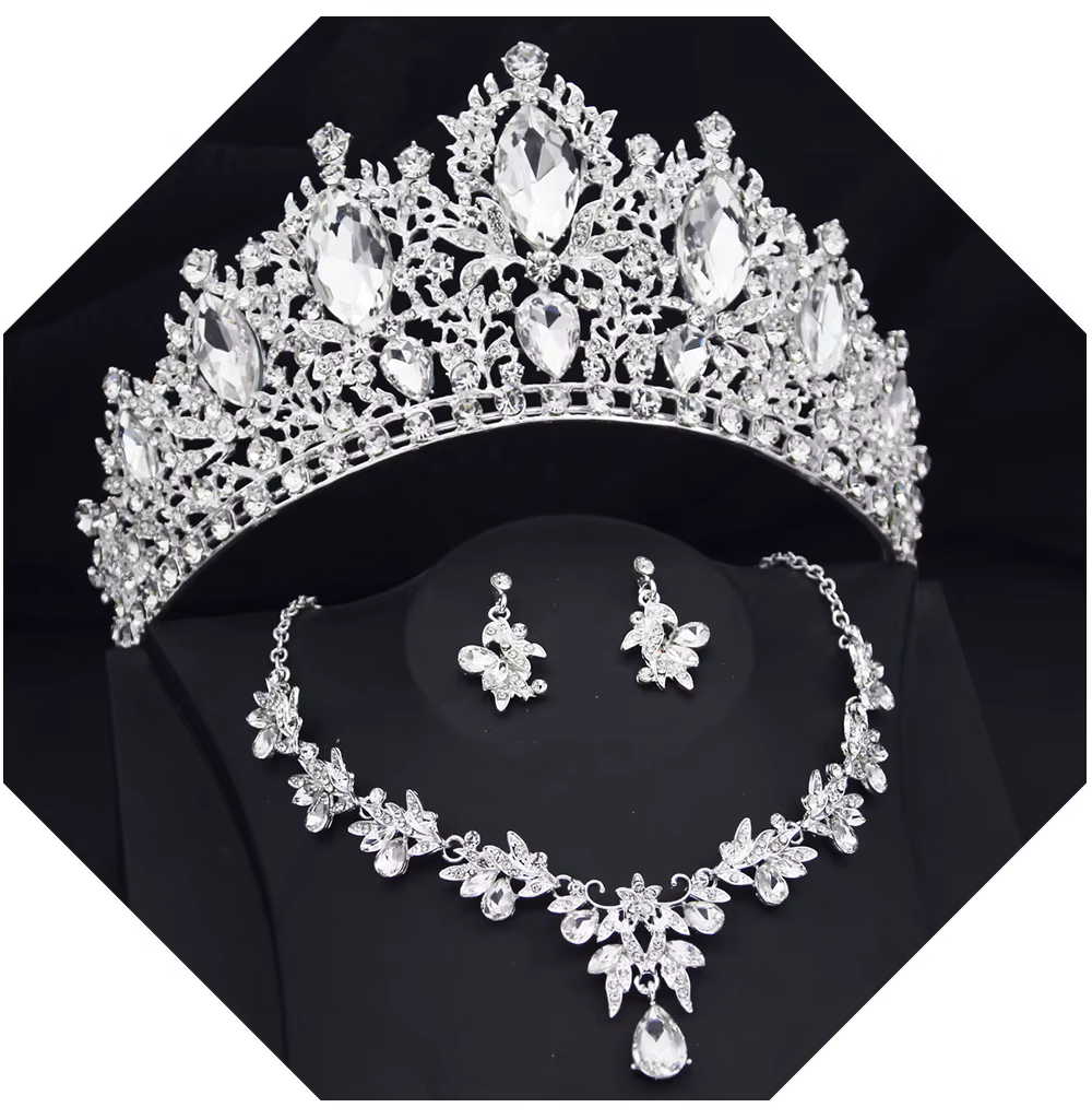 Parure de bijoux vintage baroque avec couronne en strass, tiare de luxe en cristal, collier et boucl
