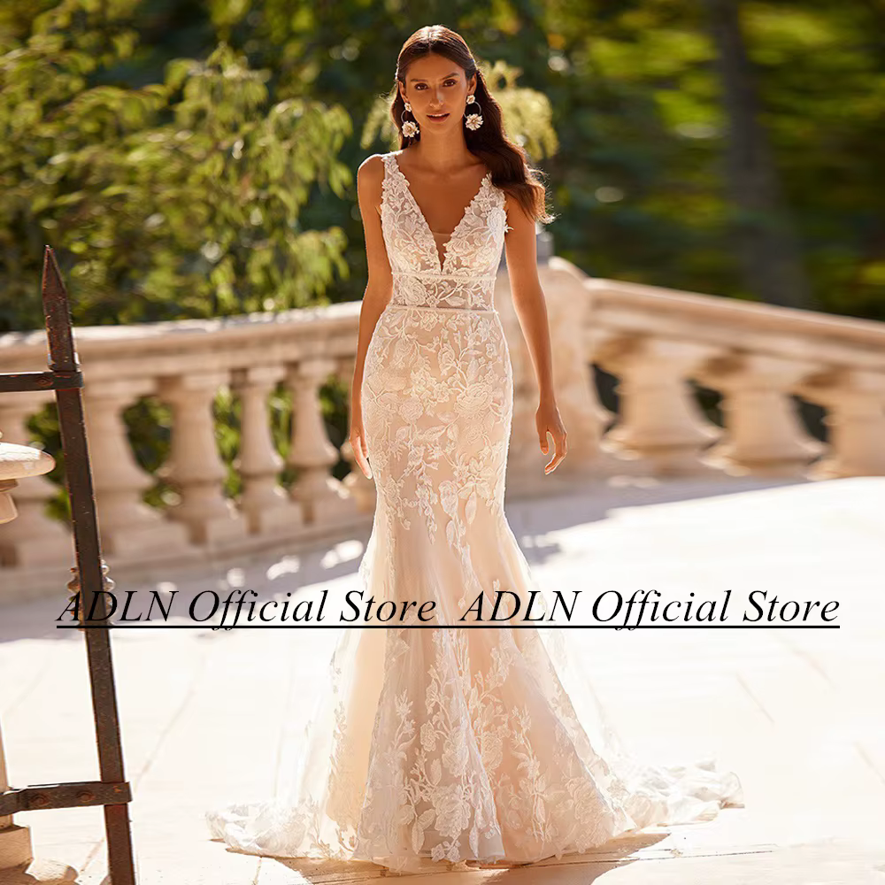ADLN-Robe de Mariée Sirène Sexy, Couleur Champagne, Col en V, Paillettes, Dentelle Appliquée, Patien