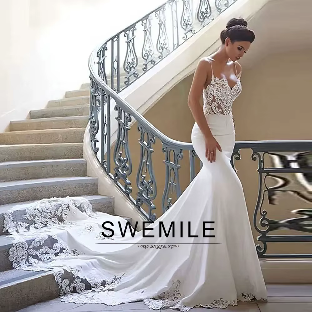 SWEMILE – robe de mariée sirène élégante pour femmes, bretelles spaghetti, appliques boutonnées, rob