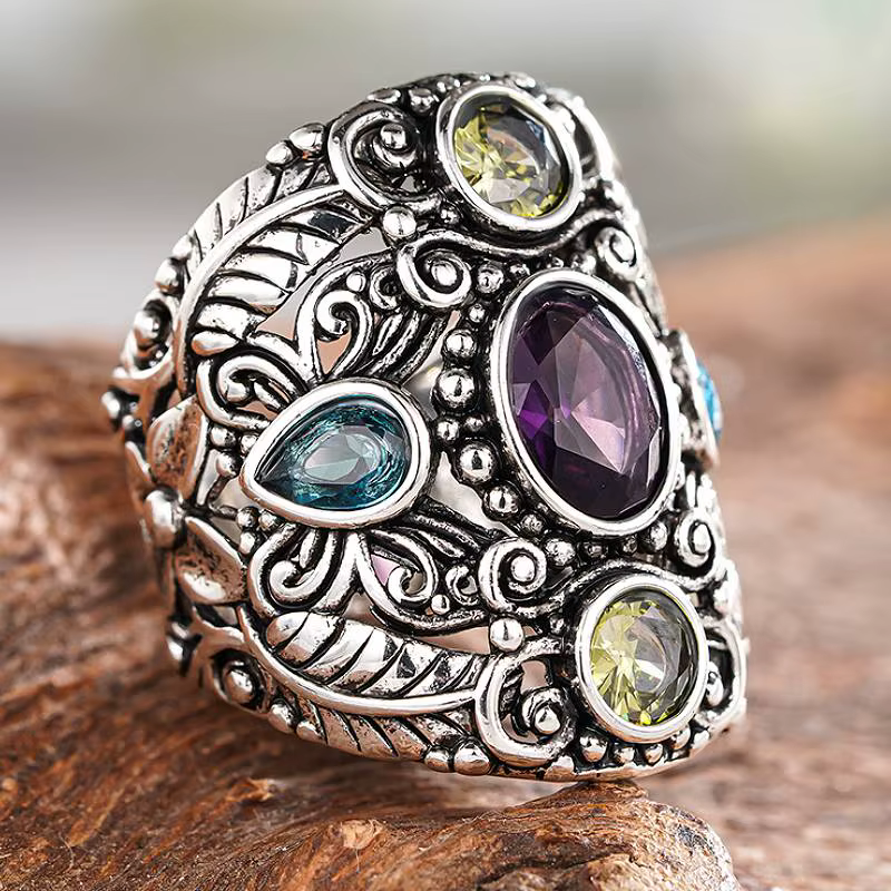 Huitan – bague Vintage couleur argent pour femmes, avec plusieurs couleurs vives, accessoires de con