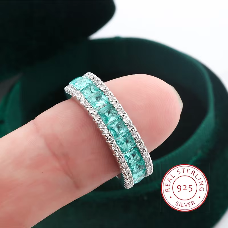 Belle bague plaquée argent 925 pour femmes, géométrique carré vert Zircon, bijoux cadeau d'anniversa