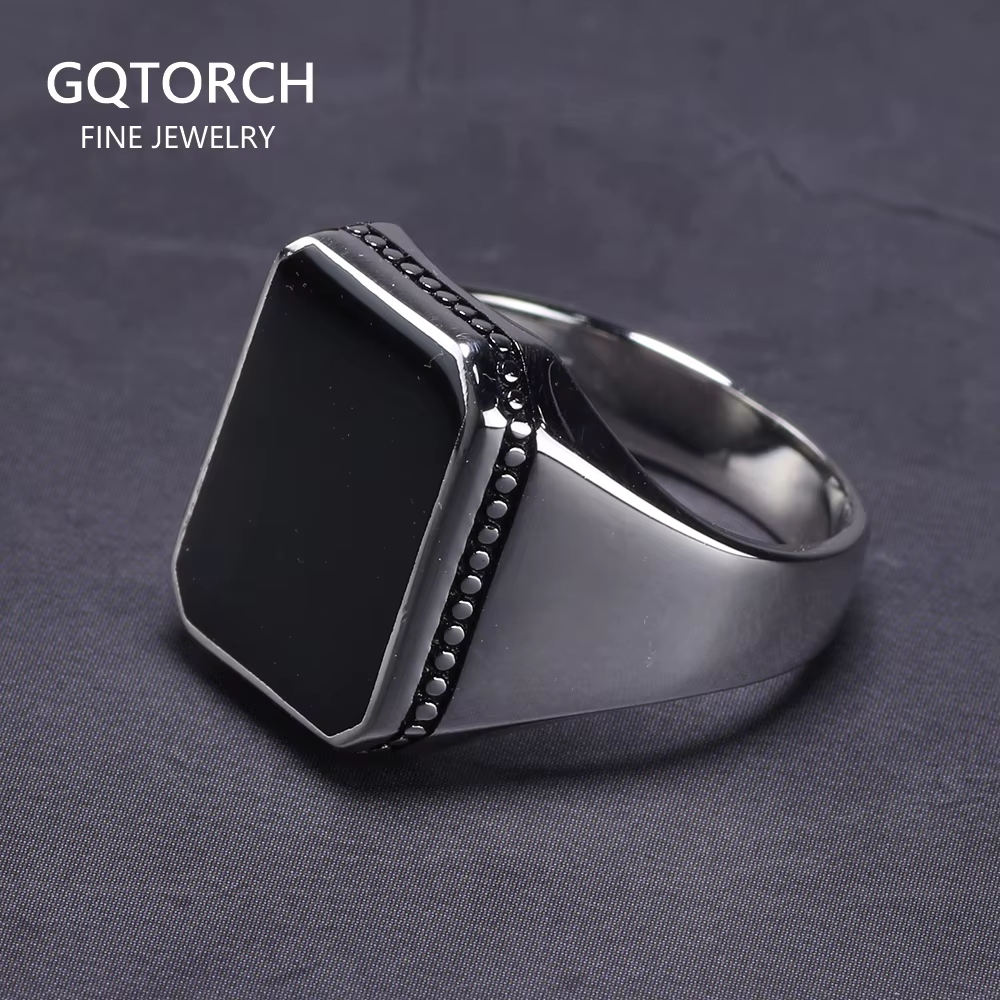 Bague en argent Sterling 925 massif pour hommes, Simple, avec pierre de Gel plate carrée noire, haut