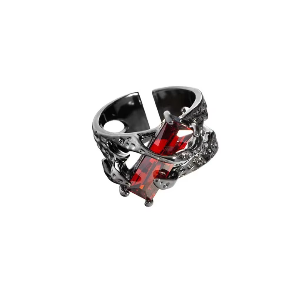 Nouveau Punk noir anneaux épines vigne ficelle rouge strass creux Unsex Couple bague femmes hommes b