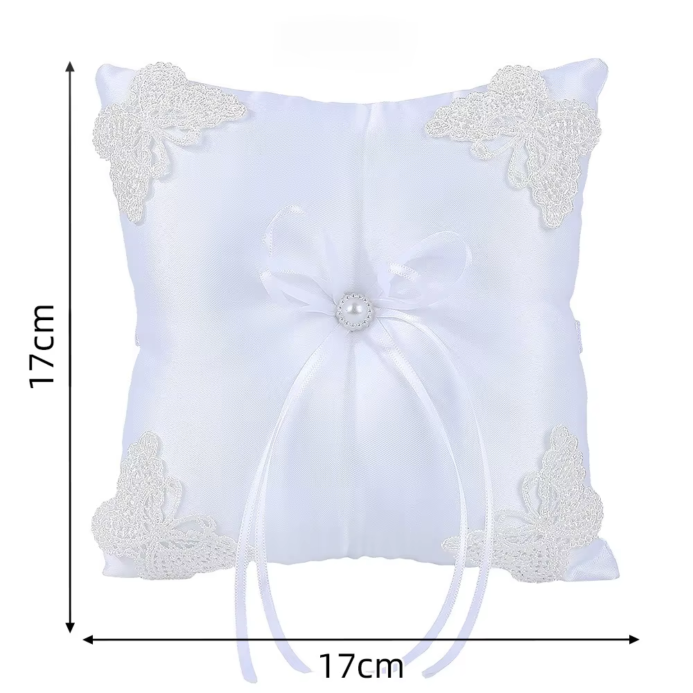 Coussin carré porte-alliances de mariage avec nœud décoratif et bordure en dentelle, 1 pièce, pour c