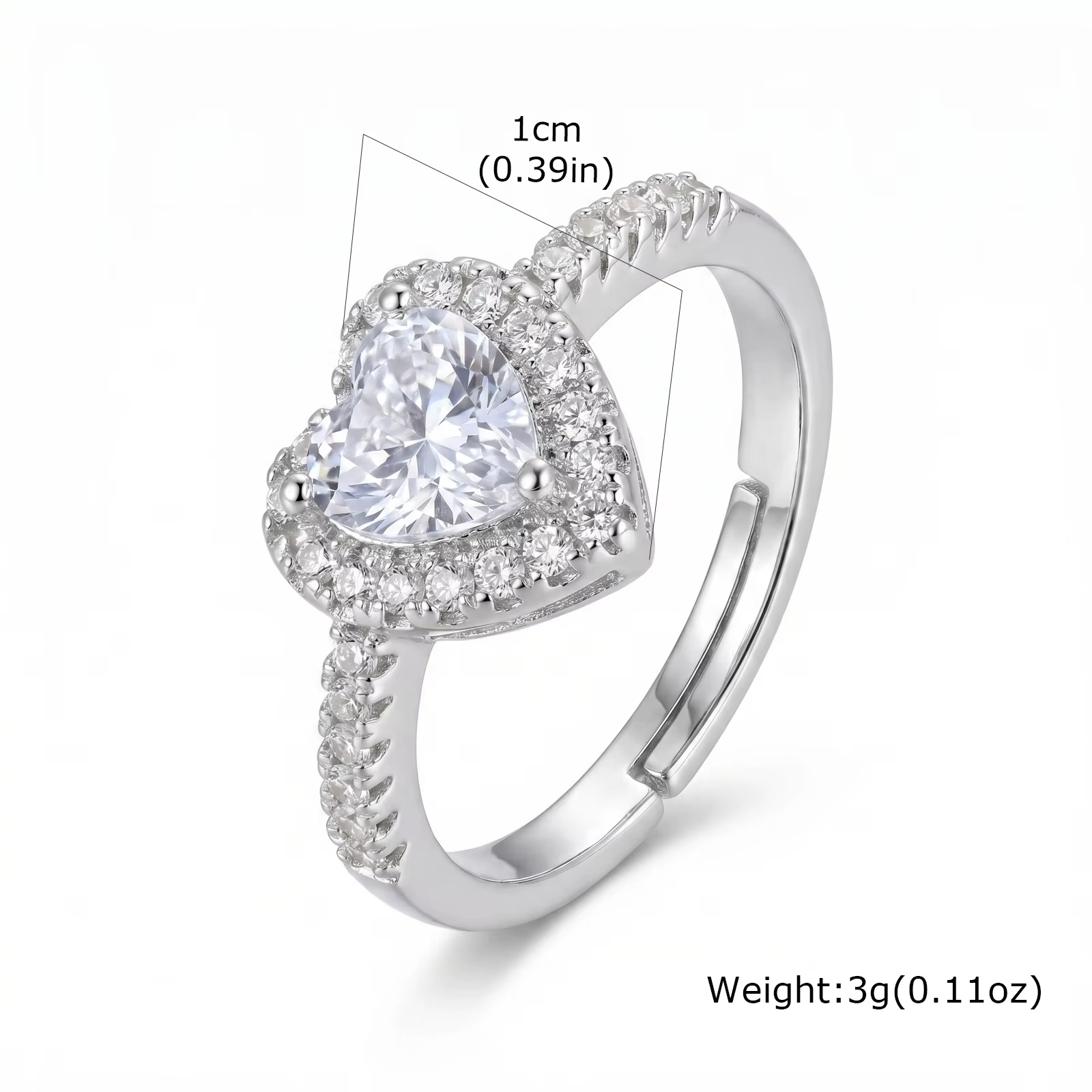 Bague en forme de cœur réglable pour femmes, zircon, bague ouverte en forme de cœur, couleur argent,