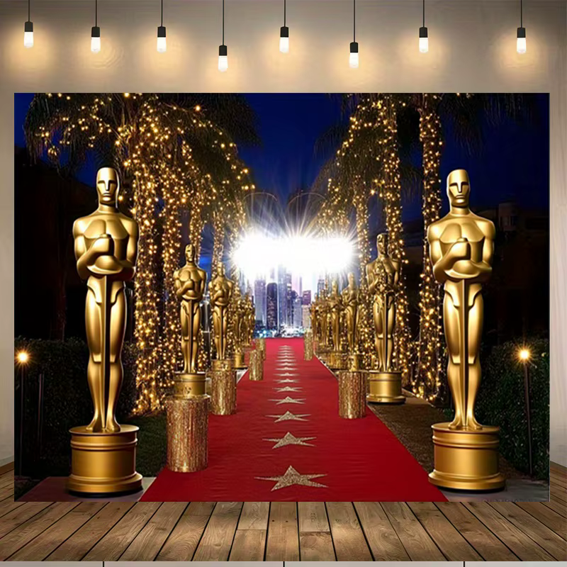 Un bannière de fête avec un trophée Oscar doré, adaptée à une décoration d'arrière-plan et aux acces