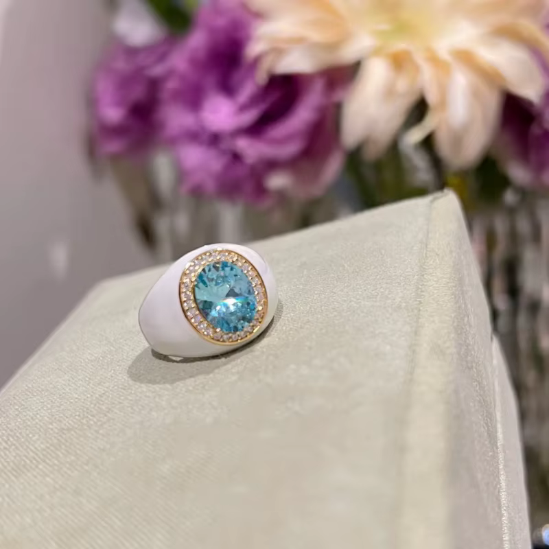 Bague en émail avec pierre précieuse rose carmin pour femme, plaqué or 18 carats, vintage, contre-in